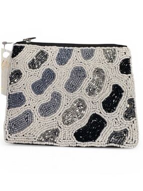Kaylee New York Seed Bead Zip Pouch, Handmade Black White Leopard